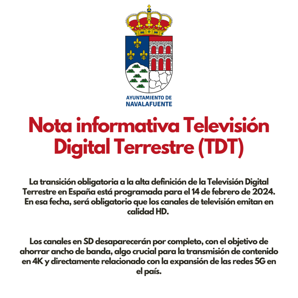 Nota informativa Televisión Digital Terrestre (TDT) - Ayuntamiento de  Navalafuente